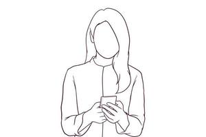 junge Frau mit ihrem Smartphone. Kommunikationskonzept. hand gezeichnete artvektorillustration vektor