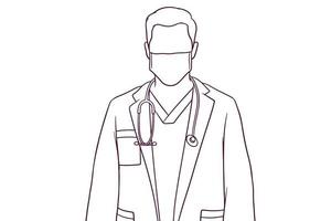 manlig läkare står med ansiktsmask och ett stetoskop. medicinskt koncept. handritad stil vektorillustration vektor