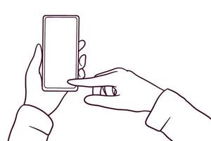 Hände, die ein Smartphone halten. Fingertipps auf dem Telefonbildschirm. hand gezeichnete artvektorillustration vektor