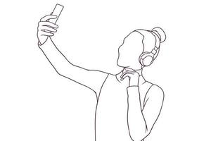 schönes mädchen mit kopfhörer nehmen selfie. hand gezeichnete artvektorillustration