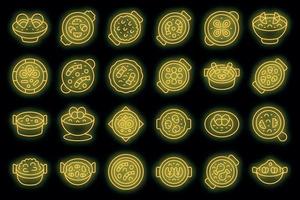 Paella-Symbole setzen Umrissvektor. Gericht kochen Vektor Neon