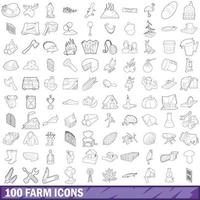100 gård ikoner set, kontur stil vektor