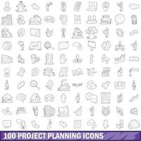 100 projektplaneringsikoner set, konturstil vektor