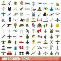 100 soldat ikoner set, platt stil vektor