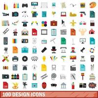 100 designikoner set, platt stil vektor