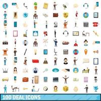 100 deal ikoner set, tecknad stil vektor