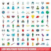 100 militärtjänst ikoner set, tecknad stil vektor