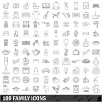 100 familjeikoner set, konturstil vektor