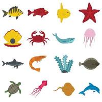 havsdjur ikoner i platt stil vektor