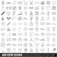 100 Fitness-Icons gesetzt, Umrissstil vektor