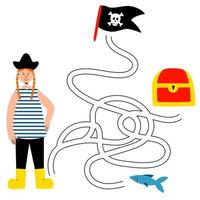 labyrintspel för barn. söt piratflicka letar efter en väg till en skattkista, en flagga med en skalle och en fisk. barns pedagogiska spel. tecknad vektorillustration. vektor