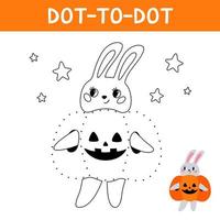 Verbinde die Punkte und zeichne ein süßes Kaninchen. Häschen in Kürbis-Halloween-Kostümen. Lernspiel für Kinder. Vektor-Cartoon-Illustration. vektor