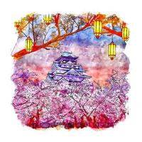 osaka castle japan akvarell skiss handritad illustration vektor