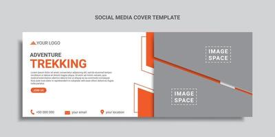 trekking social media cover design oder webbanner mit orangefarbener farbform vektor