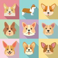 Corgi-Hunde-Icons gesetzt, flacher Stil vektor