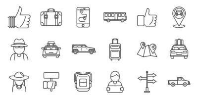 per Anhalter fahrende Automobilsymbole gesetzt, Umrissstil vektor