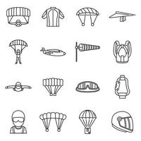 flyga fallskärmshoppning ikoner set, konturstil vektor