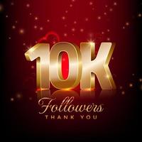 tack 10 tusen följare glad celebration banner 3d stil röd och guld bakgrund vektor