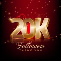 Danke 20.000 Follower Fröhliches Feierbanner im 3D-Stil mit rotem und goldenem Hintergrund vektor