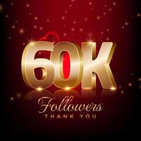Danke 60.000 Follower Fröhliches Feierbanner im 3D-Stil mit rotem und goldenem Hintergrund vektor
