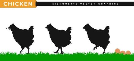 Henne-Silhouette. Hühnerfarm-Silhouette, Gehen und Essen von Würmern. Hühnereier, die im Gras liegen. vektor