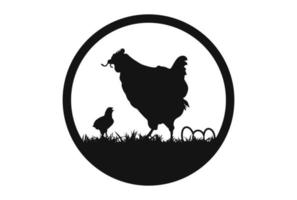 Hühnerfarm-Logo-Vektor-Illustration. Vieh-Logo-Design. Geflügelfarm-Silhouette. Henne läuft und frisst Würmer mit Küken, legt Eier ins Gras.
