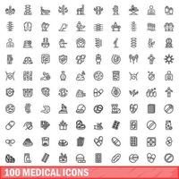 100 medicinska ikoner set, konturstil vektor