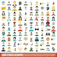 100 Folk-Icons gesetzt, flacher Stil vektor