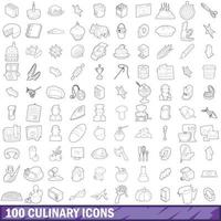 100 kulinariska ikoner set, konturstil vektor