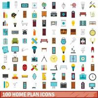 100 Home-Plan-Icons gesetzt, flacher Stil vektor