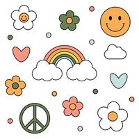 1970 trippiges, grooviges Set. weiße, grüne, rosa Gänseblümchen, rosa und blaue Herzen, Regenbogen, Lächeln, Frieden, Wolke auf weißem Hintergrund. 70er-vibes-elemente, cartoon-aufkleber. groovige handgezeichnete Vektorillustration. vektor