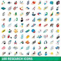 100 Forschungssymbole gesetzt, isometrischer 3D-Stil vektor