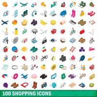 100 Einkaufssymbole gesetzt, isometrischer 3D-Stil vektor