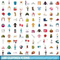 100 kläder ikoner set, tecknad stil vektor