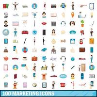 100 marknadsföring ikoner set, tecknad stil vektor