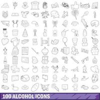 100 alkohol ikoner set, kontur stil vektor
