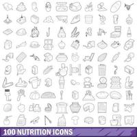 100 Ernährungssymbole gesetzt, Umrissstil vektor