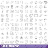 100 plan ikoner set, kontur stil vektor
