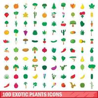100 exotiska växter ikoner set, tecknad stil vektor