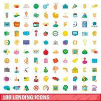 100 utlåning ikoner set, tecknad stil vektor
