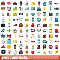 100 köpa ikoner set, platt stil vektor