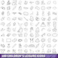 100 Freizeitsymbole für Kinder, Umrissstil vektor