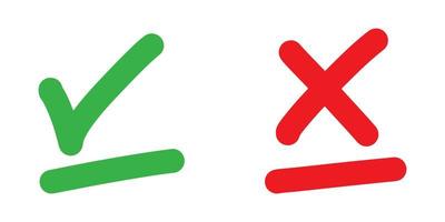 grünes Häkchen und rotes Kreuz isoliert auf weißem Hintergrund. Richtiges und falsches Symbol. Vektor-Illustration. vektor