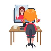 junges Mädchen, das an einem Tisch sitzt und zu Hause am Computer lernt. Online-Bildungskonzept im Cartoon-Stil isoliert auf weißem Hintergrund. Bleib zuhause. Vektor-Illustration vektor