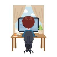 Junge, der an einem Tisch sitzt und zu Hause am Computer lernt. Online-Bildungskonzept im Cartoon-Stil isoliert auf weißem Hintergrund. Bleib zuhause. Vektor-Illustration vektor
