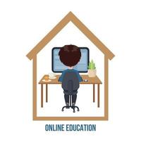 Junge, der an einem Tisch sitzt und zu Hause am Computer lernt. Online-Bildungskonzept im Cartoon-Stil isoliert auf weißem Hintergrund. Bleib zuhause. Vektor-Illustration vektor