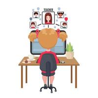 junges Mädchen, das an einem Tisch sitzt und zu Hause am Computer lernt. Online-Bildungskonzept im Cartoon-Stil isoliert auf weißem Hintergrund. Bleib zuhause. Vektor-Illustration
