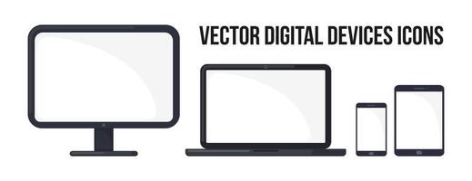 digitala enheter Ikonuppsättning i platt stil isolerad på vit bakgrund. datorskärm, bärbar dator, mobiltelefon och surfplatta. vektor illustration.