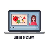 Laptop-Computer-Monitor mit Art Guide auf dem Bildschirm im flachen Stil isoliert auf weißem Hintergrund. Online-Museumskonzept. Bleib zuhause. Online-Exkursion. Vektor-Illustration. vektor