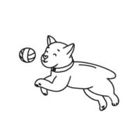 handritad hund leker med boll. för design av hundteman. träna, sköta, sköta en hund. doodle stil vektorillustration. vektor